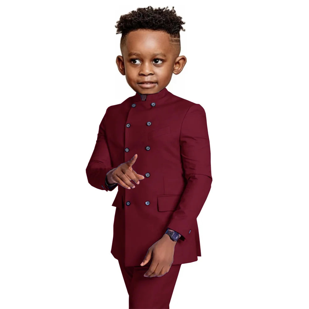 Stylish Elegant Boys Stand-up Collar Suits 2 Pieces Jacket Pants Formal Party Wear Double Breasted Kids Suit Set 2-20T