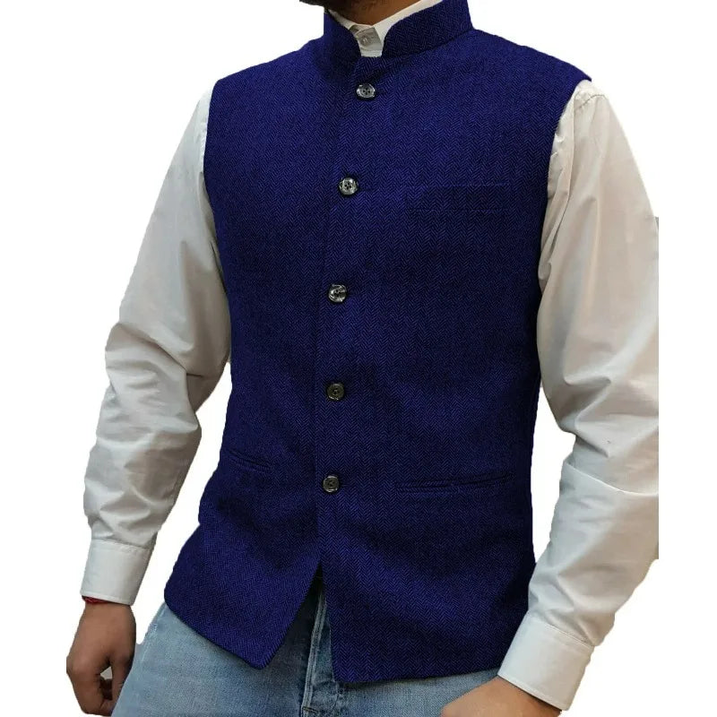 Suit Vest Men Vintage Slim Solid Stand Collar Vest Tops Male Business Casual Sleeveless Jackets Man Wedding Waistcoat
