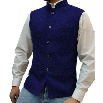 Suit Vest Men Vintage Slim Solid Stand Collar Vest Tops Male Business Casual Sleeveless Jackets Man Wedding Waistcoat