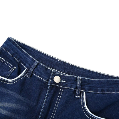 Vintage Men Jean Denim Pants Washed Pockets Mid Waist Zipper Fly Loose Fit Punk Style Distressed Ankle Length Straight Jeans