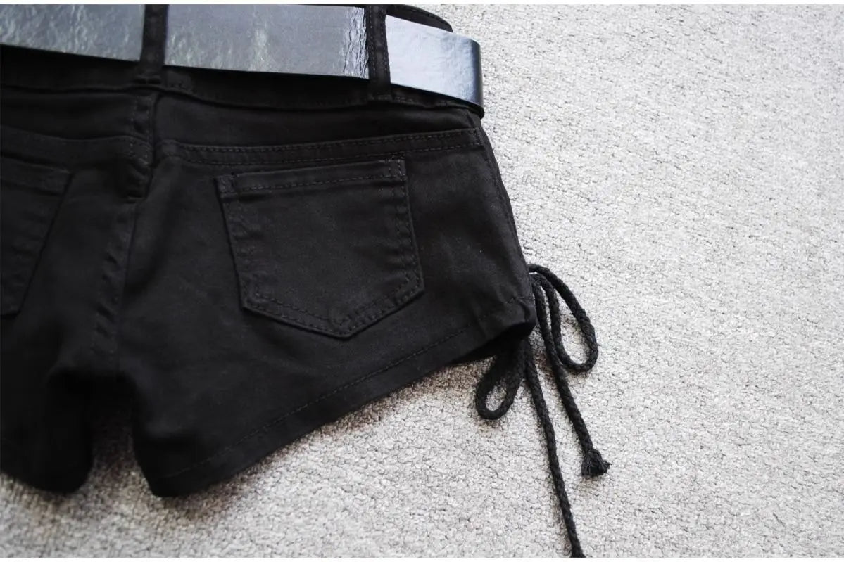 Korean Low Rise Denim Shorts 2024 - Riveted Lace Up Bodycon Black Hot Pants Vintage Cheeky Booty Summer TikTok Y2K Outfit