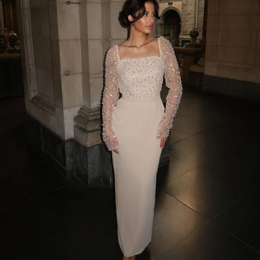 Customized Square Collar Elegant and White Evening Dress Sparkly Crystal ILLUSION Sleeves Prom Gown Backless Straight Party Gown