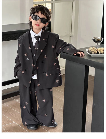 Boys Loose Blazer Jacket Waistcoat Pants Clothes Sets Kids Formal Dress  Suits Casual Child Toddler Party Butterfly Leisure Suit