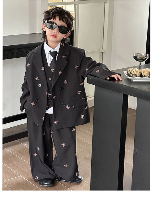 Boys Loose Blazer Jacket Waistcoat Pants Clothes Sets Kids Formal Dress  Suits Casual Child Toddler Party Butterfly Leisure Suit