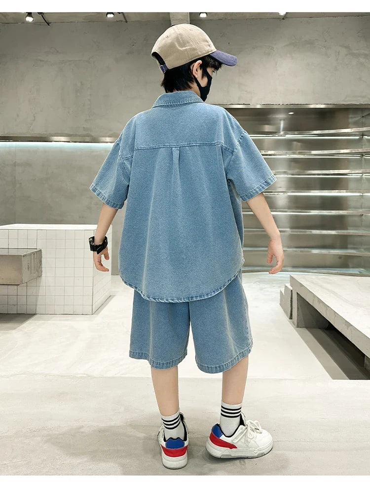 New Casual Kids Child Summer Denim Suit for Teenage Boy High Fashion Short Sleeve Shirt + Shorts 2 Pieces Clothing Set Age 5-14Y