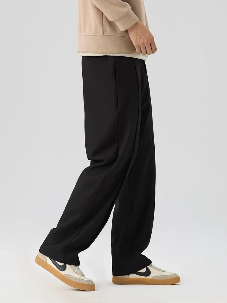 2023 New Autumn Casual Pants Men Korean Fashion Banded Waist Stretch Wide Leg Pleated Suit Slacks Straight Loose Drape Trousers