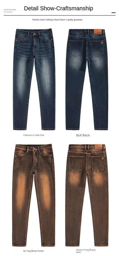 2025 New High-end High-quality Denim Double-core Cotton Elastic Jeans Retro Nostalgic Men's Straight-fit Trousers