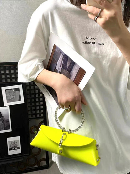 Clutch Bag Luxury Designer Handbag for Women 2025 with Chain Metal Ring Handle PU Leather Rhinestones Purses Shoulder Bag