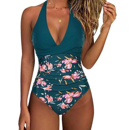 S - XXL Wrinkled Halter V Neck One Piece Swimsuit Women Swimwear Female Monokini Backless Bathing Suit Swim Beachwear Bodysuit
