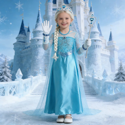 2026 Frozen Elsa Snow Queen Princess Dress Up Girls Fancy Costume Kids Role-play Carnival Children Birthday Party Dresses