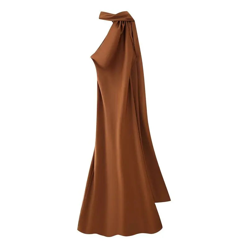 Elegant Long Silk Satin Dress Neck Hanging Pure Color Slim Fit Summer New Fashion Women's Dress City Commuting Casual Wedding