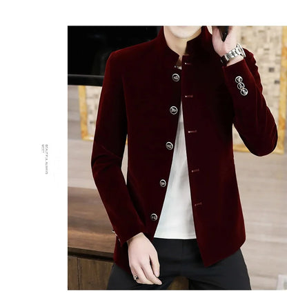 Men's Light Luxury Golden Velvet Coat Youth Fashion Trend Solid Color Stand Collar MAO Suit Handsome Boutique Item