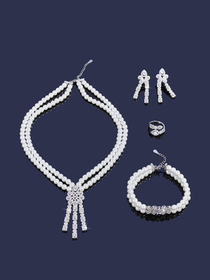 Trendy Pearl Tassel Necklace 4PCS Jewelry Set For Women Wedding Party Full Zircon Dubai Bridal Jewelry Set Gift
