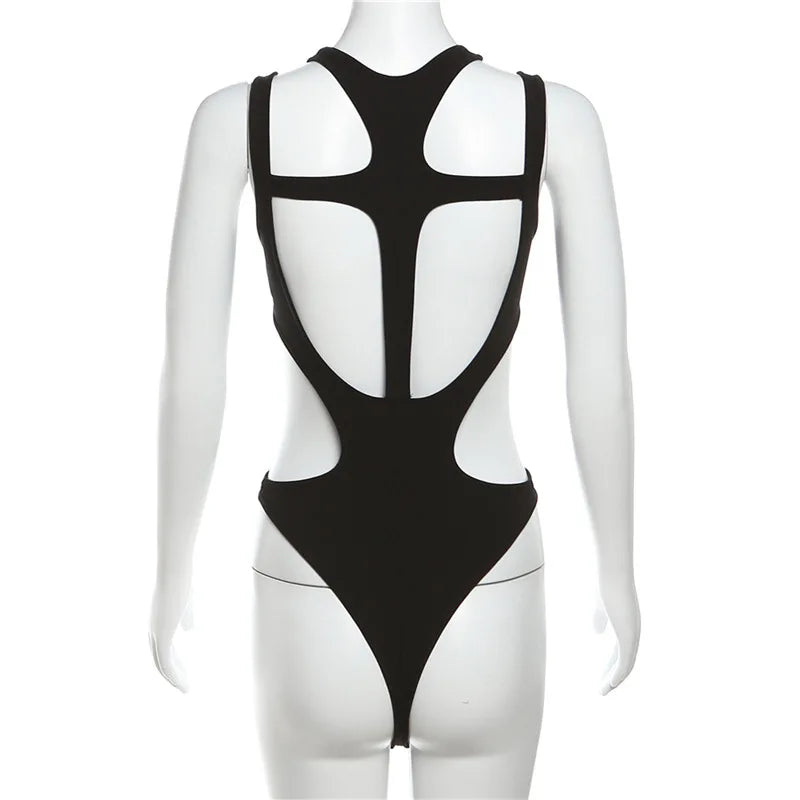 Mall Gothic Hollow Out Sexy Bodysuits Techwear Fashion Y2k Patchwork Tops Women Grunge Backless High Cut Slim Bodysuit