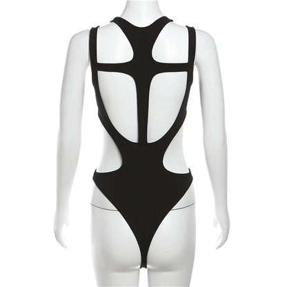 Mall Gothic Hollow Out Sexy Bodysuits Techwear Fashion Y2k Patchwork Tops Women Grunge Backless High Cut Slim Bodysuit