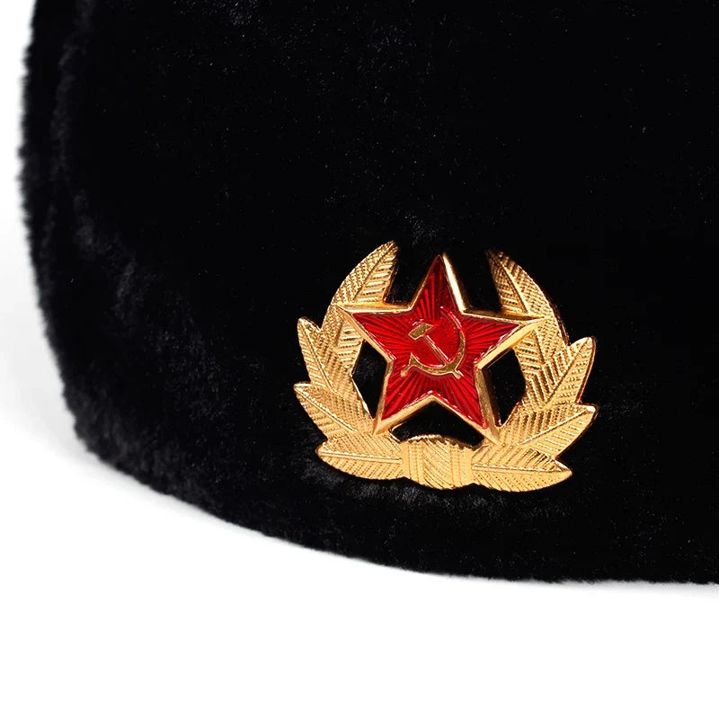 Soviet Army Military Badge Russia Ushanka Bomber Hats Pilot Trapper Trooper Hat Winter Faux Rabbit Fur Earflap Men Snow Caps