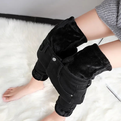New Women Thick Velvet Jeans Fleece Warm Korean Fashion High Waist Skinny Elastic Pants Jean Casual Legging Winter 2023