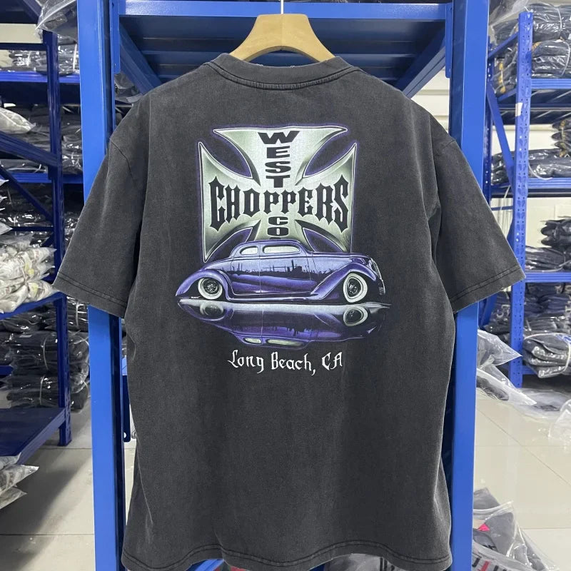Summer Vintage West Coast Choppers Printed Washing T-Shirt Women Cotton Breathable Retro Biker Style Loose Fit Casual Streetwear