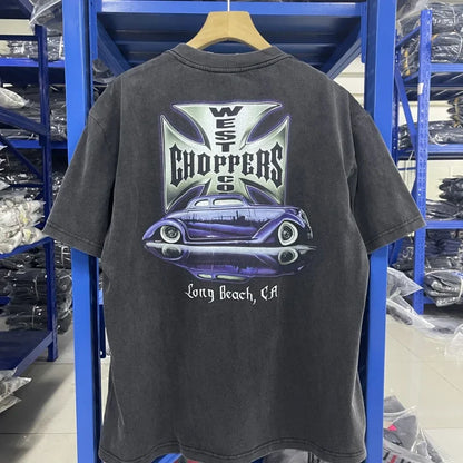 Summer Vintage West Coast Choppers Printed Washing T-Shirt Women Cotton Breathable Retro Biker Style Loose Fit Casual Streetwear