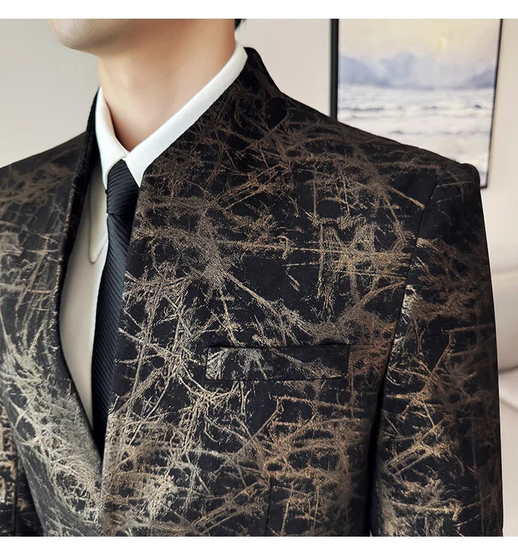 New Chinese Style Stand Up Collar Jacquard Suit Coats Men Slim Business Casual Fashion Suits Jacket Formal Social Party Tuxedos