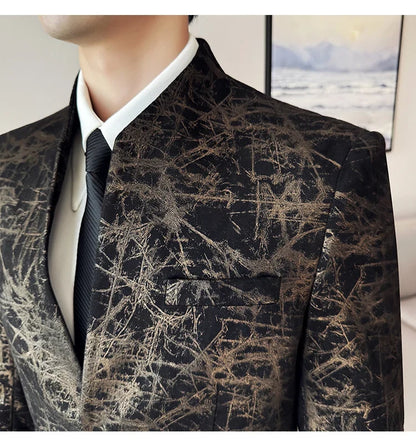 New Chinese Style Stand Up Collar Jacquard Suit Coats Men Slim Business Casual Fashion Suits Jacket Formal Social Party Tuxedos