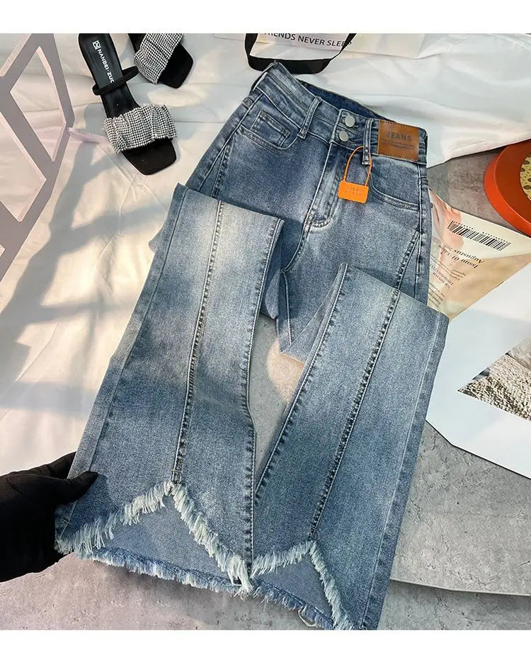 Women Autumn Y2K Slim Flared Denim Trouser Raw Edge Vintage Sexy Minimalist Pant Grunge High Waist Solid High Street Retro Jeans