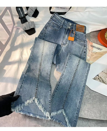 Women Autumn Y2K Slim Flared Denim Trouser Raw Edge Vintage Sexy Minimalist Pant Grunge High Waist Solid High Street Retro Jeans