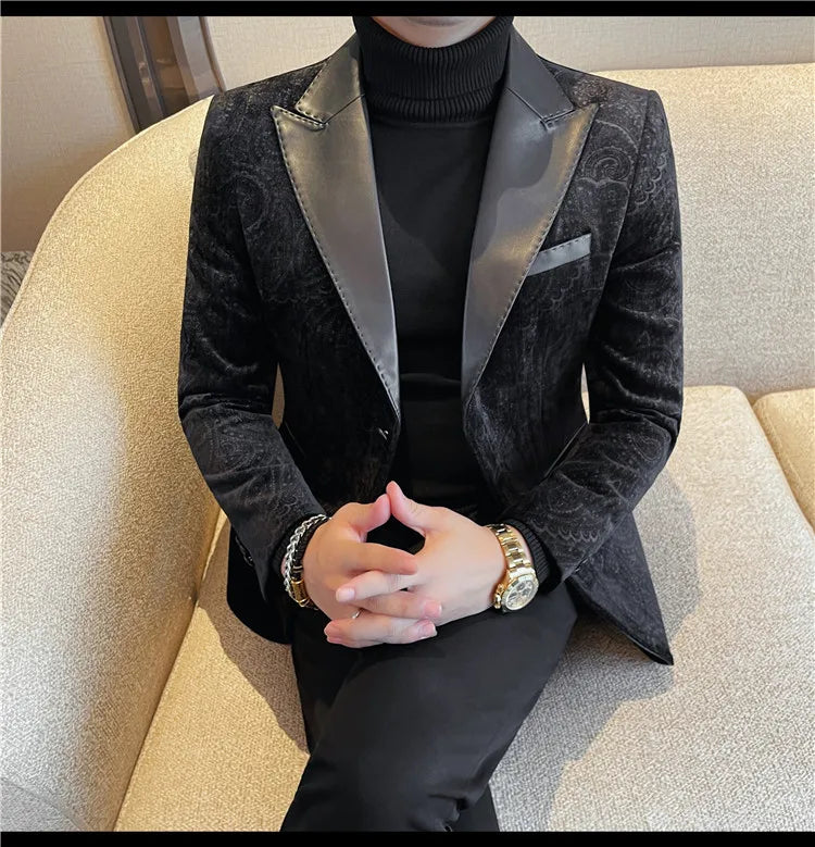 2025 Fashion Leather Neck Spliced Suit Jacket Luxury Men's Business Slim Fit Social Formal Blazers Coats Wedding Groom Tuxedos