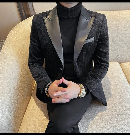 2025 Fashion Leather Neck Spliced Suit Jacket Luxury Men's Business Slim Fit Social Formal Blazers Coats Wedding Groom Tuxedos