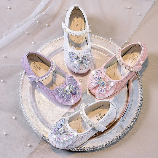 Bowtie Kids Leather Shoe Fashion Causal Sequins Children Causal Wedding Flat Shoes Autumn Girl Princess Shoes