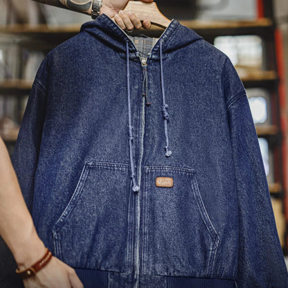 Retro Men's J130 10.5oz Denim Jacket Heavyweight Washed Aged Hooded Jacket Zipper Work Coat with Large Pockets for Fall