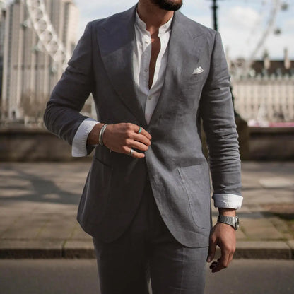 Linen Causal Men Suits for Beach Party Solid Color Business Two Pieces Wedding Tuxedo Set Peak Lapel Suit Jacket with Pants
