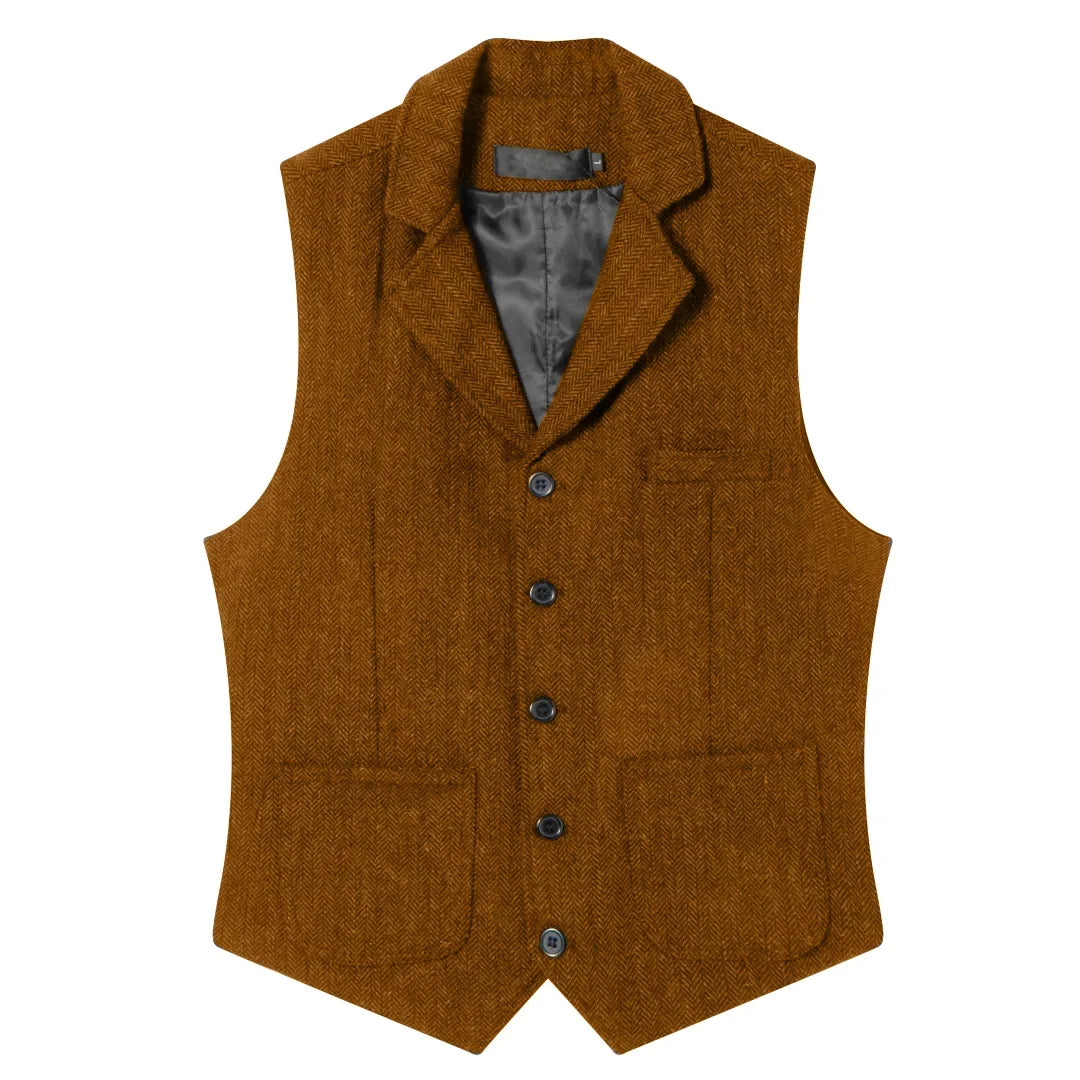 Men Vest Coffee Herringbone Single Button Lapel Waistcoat For Wedding Banquet Office Business Work Daily Casual Men Suit Vest