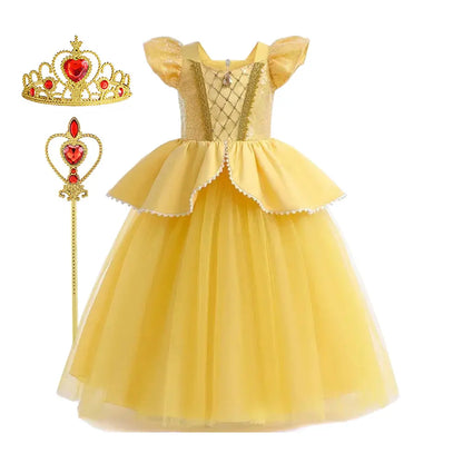 Beauty and the Beast Inspired Party Mesh Dress for Girl Elegant Fancy Princess Costume Belle Deluxe Ball Gown Kid Christmas Robe