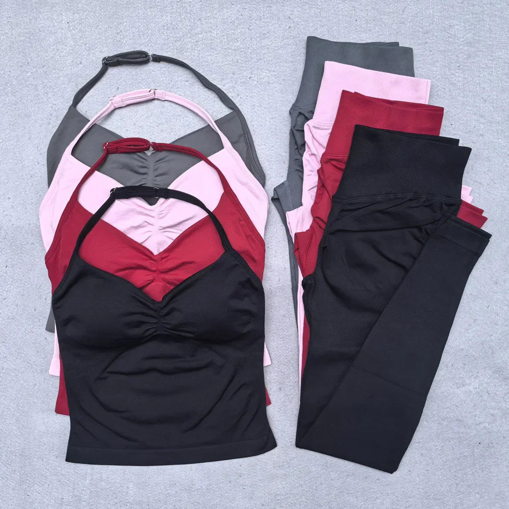 New Seamless Yoga Set Women Gym Clothing Scrunch Bum Legging Padded Tank Top Workout Outfits Fitness Sportswear Suits