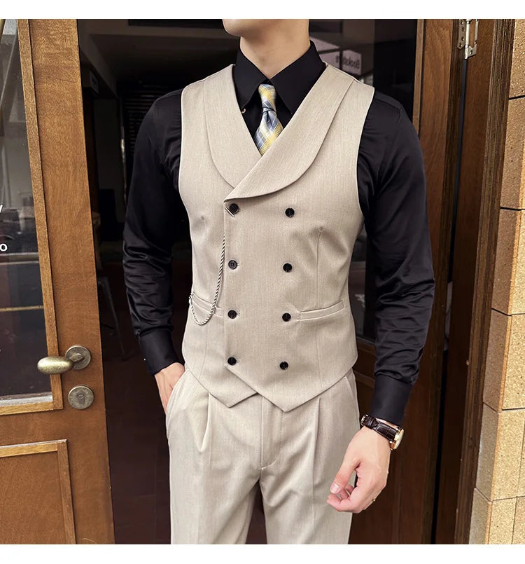 ( Vest + Pants) Men Luxury Double Breasted Design Suit Vest 2 pieces Formal Groom Wedding Dress Vest Set Fashion Club Clothing
