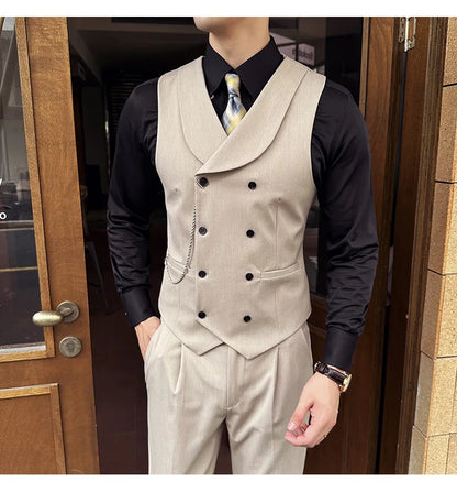 ( Vest + Pants) Men Luxury Double Breasted Design Suit Vest 2 pieces Formal Groom Wedding Dress Vest Set Fashion Club Clothing