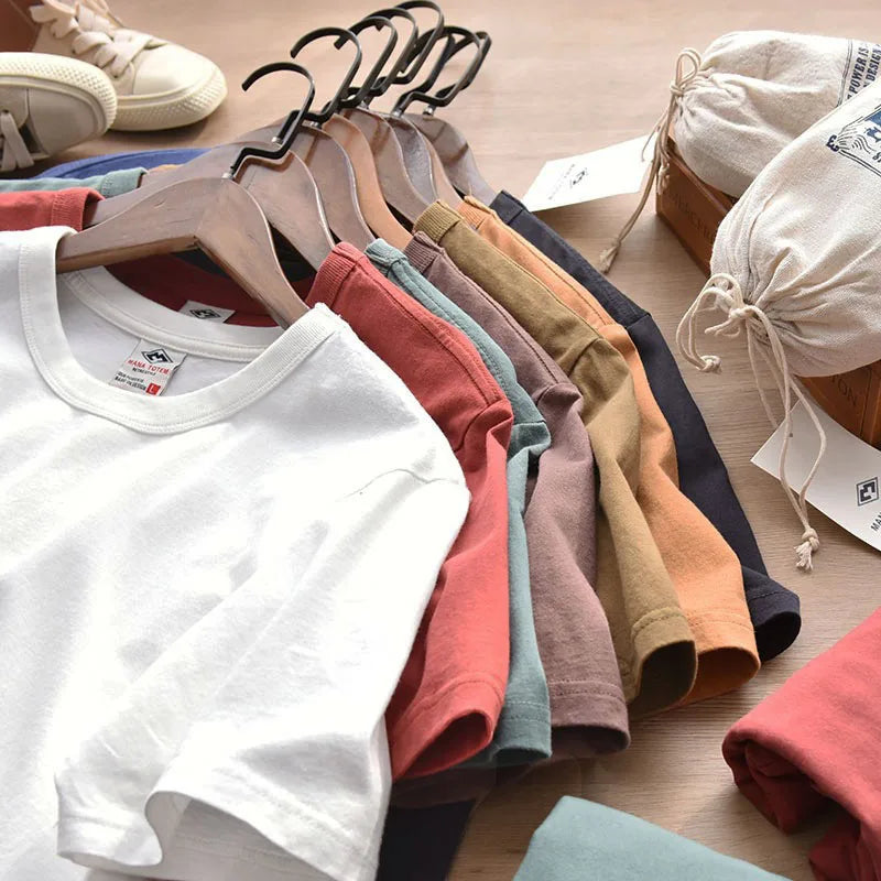 Summer New American Retro Short-sleeved O-neck Soild Color T-shirt Men's Fashion Simple 100% Cotton Washed Casual Sport Tops