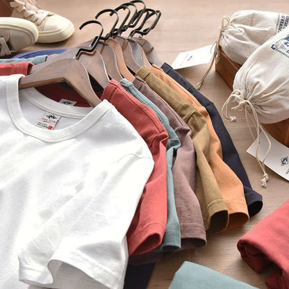 Summer New American Retro Short-sleeved O-neck Soild Color T-shirt Men's Fashion Simple 100% Cotton Washed Casual Sport Tops