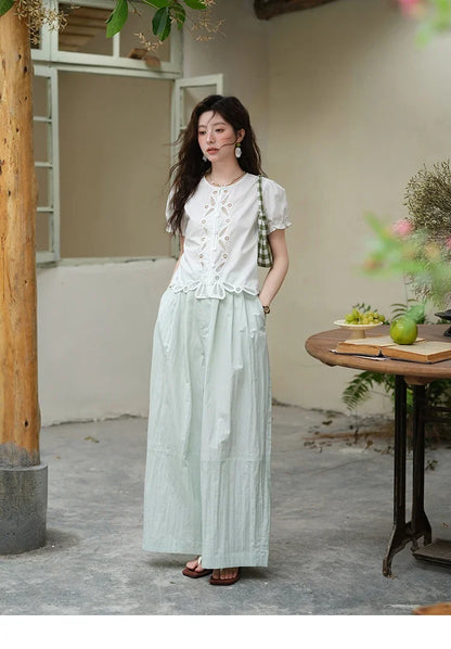 100%Cotton Hollow Embroidery Round Neck Shirt for Women 2025 Summer Puff Sleeve Casual Top Women's Clothing MXE39X1938