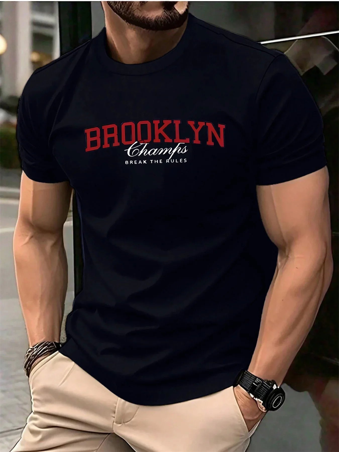 Men's Summer 100% Cotton Fashionable Casual Loose Brooklyn Pattern Printed Sports Round Neck Short Sleeve T-shirt Top