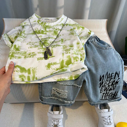 Korean Children's Summer Clothes Kids Set Outfits Boys 2026 Handsome Sleeveless&Short Sleeved T-shirt Denim Shorts 2-piece Set