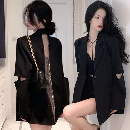 Premium Black Blazer for Women Spring Autumn New Arrival Sexy Backless Chain Accent Oversized Single Button Chic Feminine Design