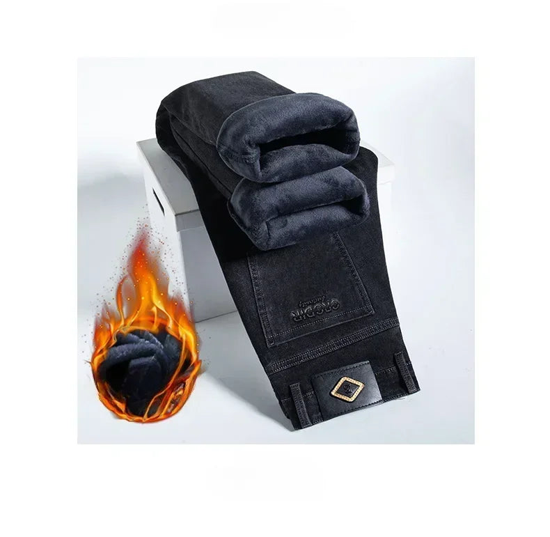 Men's Thicken Fleece Straight Jeans Winter Business Casual Stretch Denim Pants Warm Plush Brand Trousers Pans Male Classic
