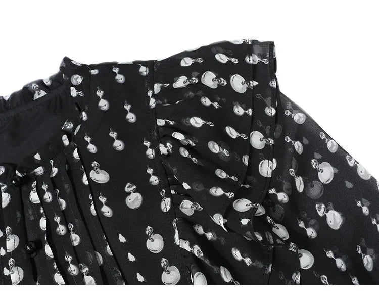 2024 Sweet Printed Stand up Collar Shirt Autumn Edition Gentle Bubble Sleeves Non Elastic Women's Shirt