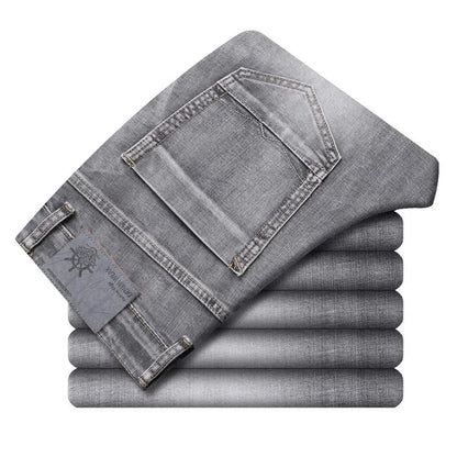 2026 Cotton Stretch Jeans Business Casual Men's Thin Denim Jeans Grey Spring Summer Brand New Fit Straight Lightweight