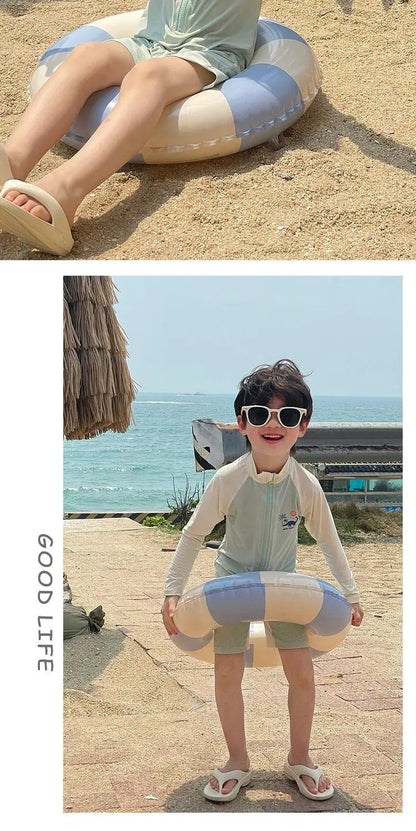 Summer Kids Swimwear Boys Beach Wear Plaid One-piece & Split Long Sleeve Boys Swimwear with Cap Sunscreen Baby Clothes