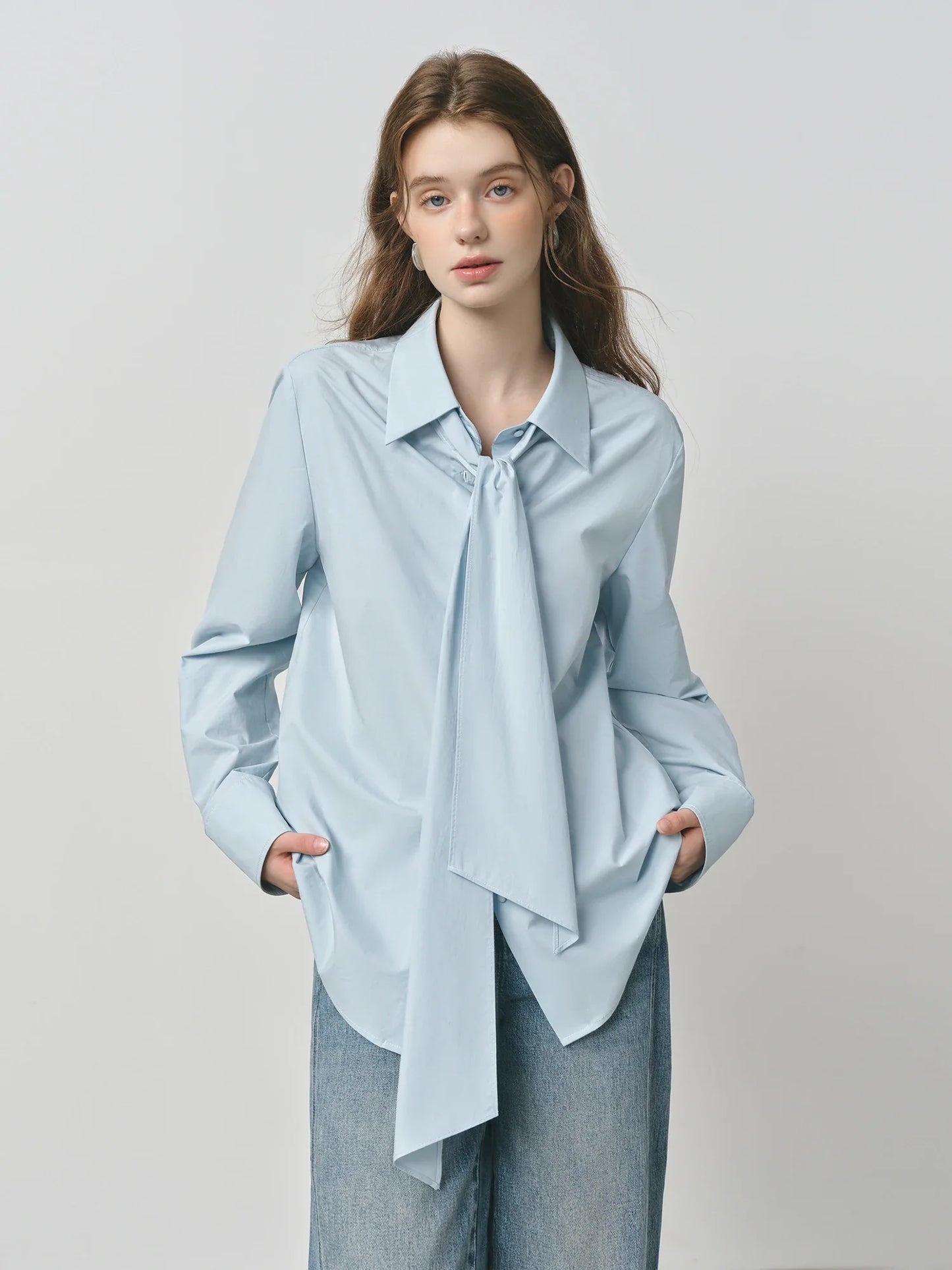 Pure Cotton Oversized Bow Detail Women's Autumn 2025 New Arrival Laid-Back Long Sleeve Blouse with Sash 25FS13213