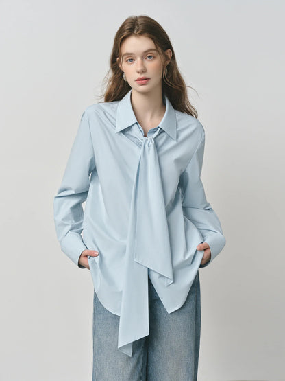 Pure Cotton Oversized Bow Detail Women's Autumn 2025 New Arrival Laid-Back Long Sleeve Blouse with Sash 25FS13213