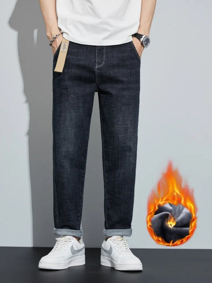 Winter Dark Blue Fleece Jeans for Men Black Loose Straight Casual Trendy Comfortable Versatile Youth Thickened Harem Pants Blue